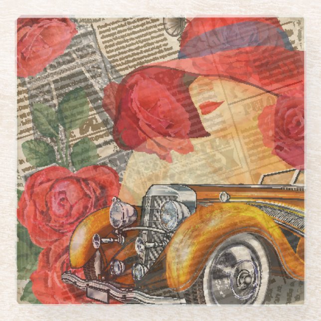 Posavasos De Vidrio Mujer Parisiense: Torre Eiffel Retro. (Anverso)