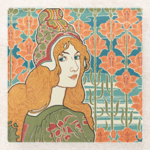 Posavasos De Vidrio Mujer pelirroja lirios naranjas impresión de arte 