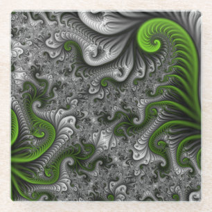 Posavasos De Vidrio Mundo de fantasía verde y gris arte fractal abstra