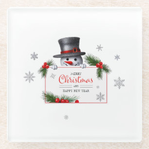 Posavasos De Vidrio Muñeco de nieve alegre Feliz Navidad y Año Nuevo