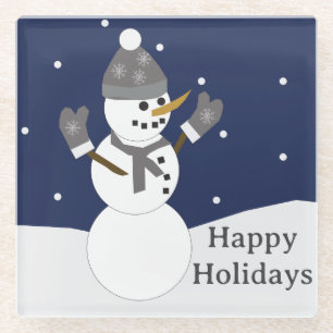 Posavasos De Vidrio Muñeco de nieve Felices Fiestas con mitones