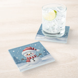 Posavasos De Vidrio Muñeco de nieve lindo con bufanda y sombrero