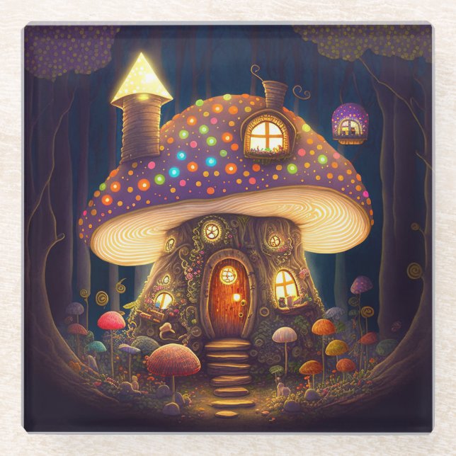 Posavasos De Vidrio Mushroom House Fantasy Art (Anverso)
