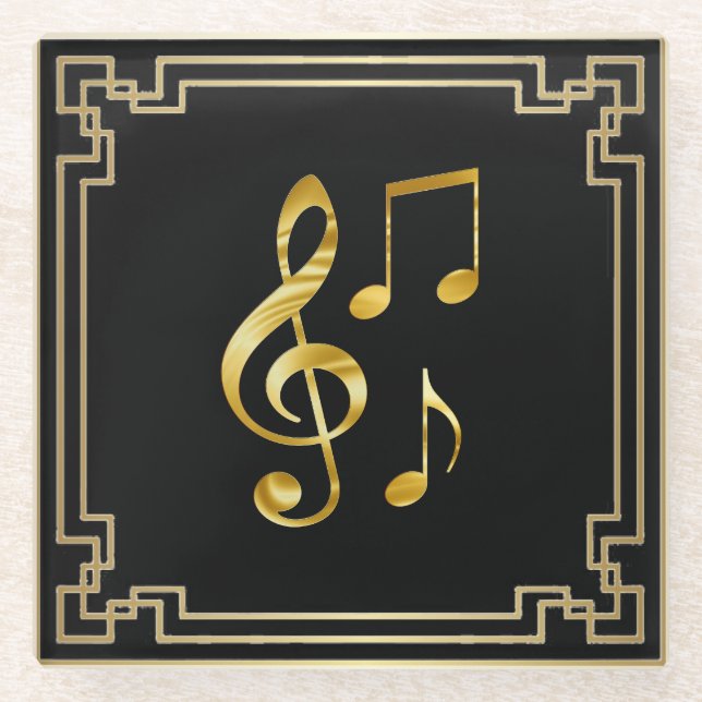 Posavasos De Vidrio Music icons, gold on black, (Anverso)