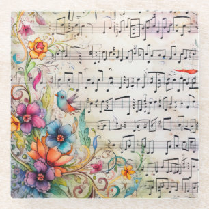 POSAVASOS DE VIDRIO MÚSICA DE HOJA MUSICAL FLORAL ORNADA VINTAGE