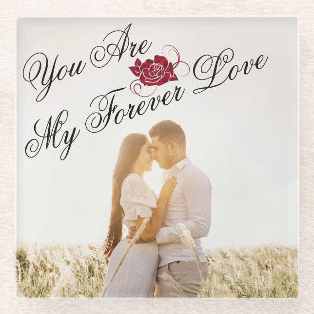 Posavasos De Vidrio "My Forever Love" Foto Elegante De Rosa Roja (Anverso)