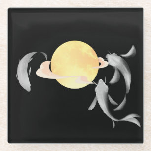 Posavasos De Vidrio Mystic Koi & Golden Moon - Elegante Ar japonés Zen