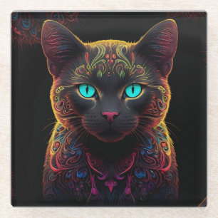 Posavasos De Vidrio Mystic Neon Mandala Cat Fantasía felina psicodélic