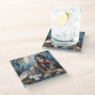 Posavasos De Vidrio Mystical Una Nativa Estadounidense Con Lobos
