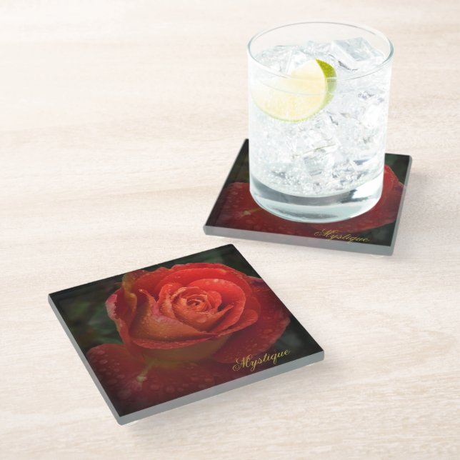 Posavasos De Vidrio Mystique Dark Botanical Red Orange Rose Coaster (Angular)