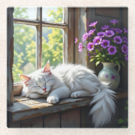 Posavasos De Vidrio Napping White Cat and Purple Flowers 