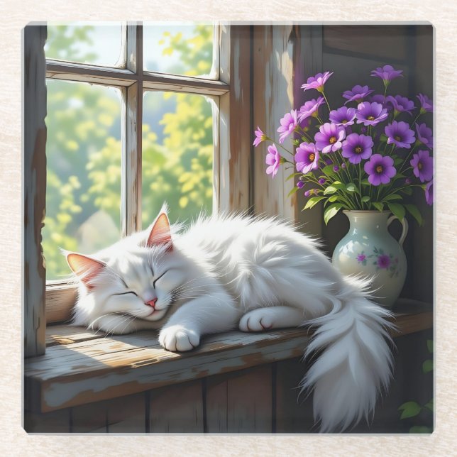 Posavasos De Vidrio Napping White Cat and Purple Flowers  (Anverso)