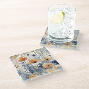 Posavasos De Vidrio Naranja acuarela Flores Azul Indigo Diseño 347