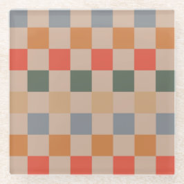 Posavasos De Vidrio Naranja azul beige Brown Checkered Gingham Pattern