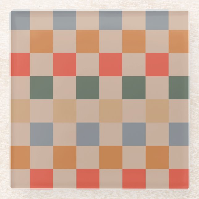 Posavasos De Vidrio Naranja azul beige Brown Checkered Gingham Pattern (Anverso)