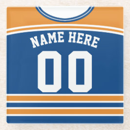 Posavasos De Vidrio Naranja de nombre y número y Jersey de hockey azul