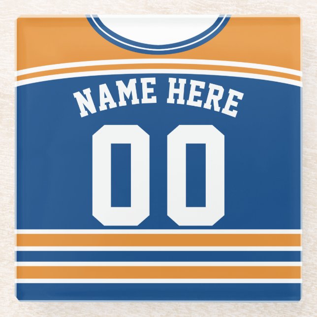 Posavasos De Vidrio Naranja de nombre y número y Jersey de hockey azul (Anverso)