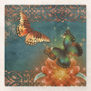 Posavasos De Vidrio Naranja etéreo vintage mariposa en Verde azulado