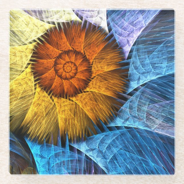 Posavasos De Vidrio Naranja floral Azul amarillo abstracto arte (Anverso)