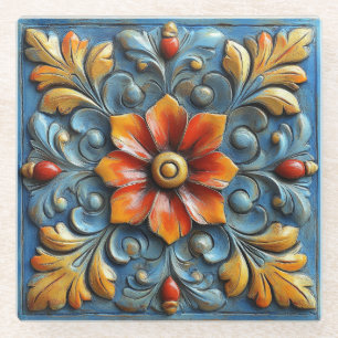 Posavasos De Vidrio Naranja floral español mexicano y azul