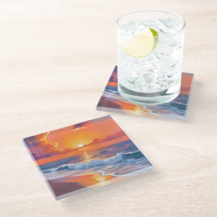 Posavasos De Vidrio Naranja Golden Hour Sunset Beach Ocean Paintart