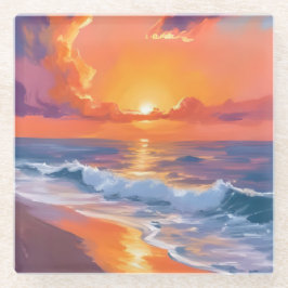 Posavasos De Vidrio Naranja Golden Hour Sunset Beach Ocean Paintart