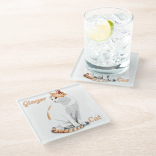 Posavasos De Vidrio Naranja Jengibre y Gato Blanco Personalizado