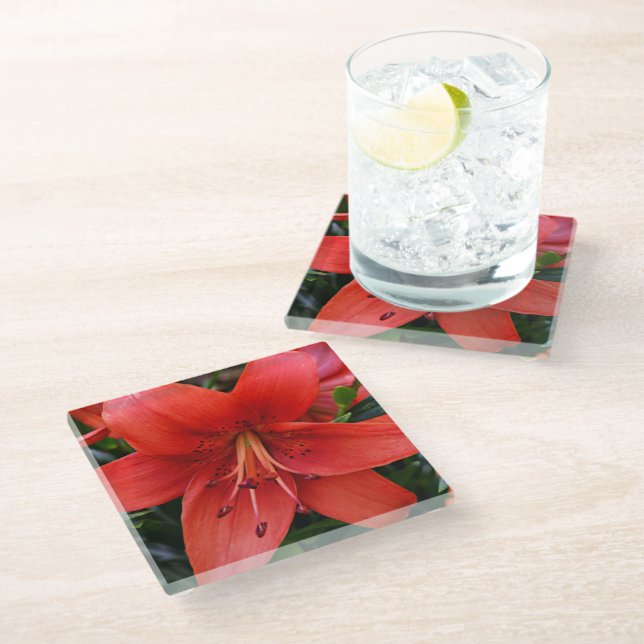 Posavasos De Vidrio Naranja Lily Bloom Floral (Angular)