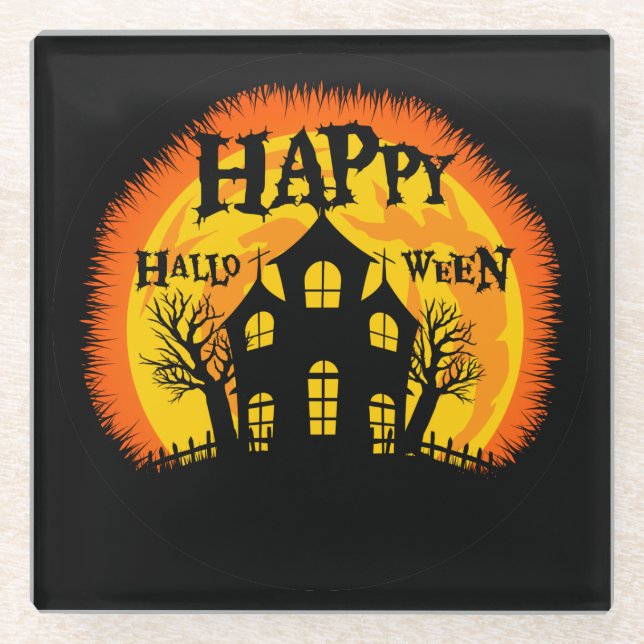 Posavasos De Vidrio Naranja NEGRO AMARILLO HAPPY HALLOWEEN HOUSE (Anverso)