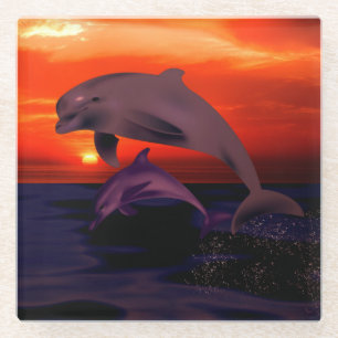Posavasos De Vidrio Naranja oceánica de delfines saltando náuticos