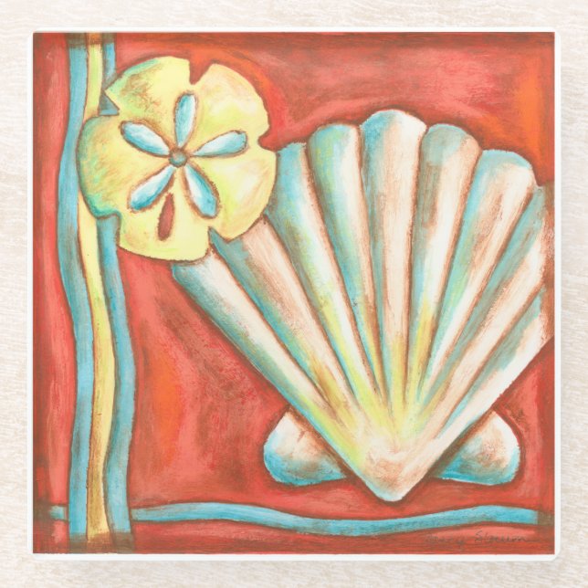 Posavasos De Vidrio Naranja Rústico Seashells (Anverso)