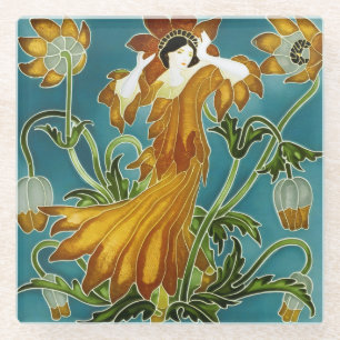 Posavasos De Vidrio Naranja Tulipán Arte Nouveau Floral Walter Crane