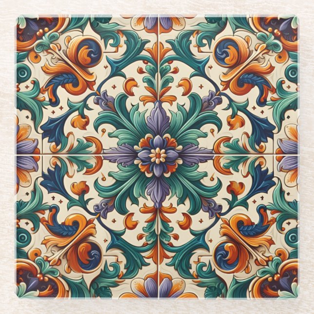 Posavasos De Vidrio Naranja verde morado Azulejos portugueses mosaicos (Anverso)