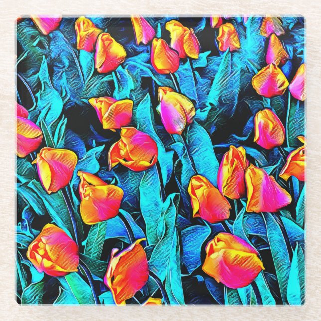 Posavasos De Vidrio Naranja y Oro Artsy Tulips (Anverso)