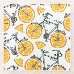 Posavasos De Vidrio Naranjas de bicicleta: Patrón de verano acuarela