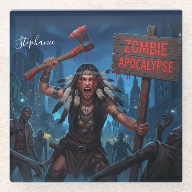 Posavasos De Vidrio Native American Princess in Zombie Apocalypse (Anverso)