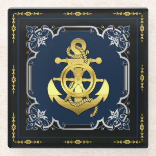 Posavasos De Vidrio Náutica de la rueda/ancla marina-azul/oro/plata