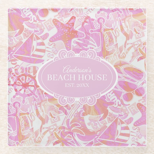 Posavasos De Vidrio Nautical Beach Collage Hot Pink ID840 (Anverso)