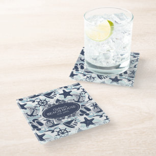Posavasos De Vidrio Nautical Beach Pattern Navy ID839