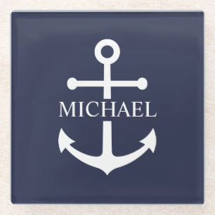 Posavasos De Vidrio Nautical Navy Blue Anchor Nombre Personalizado
