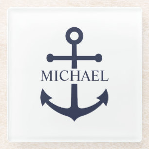 Posavasos De Vidrio Nautical Navy Blue Anchor Nombre Personalizado