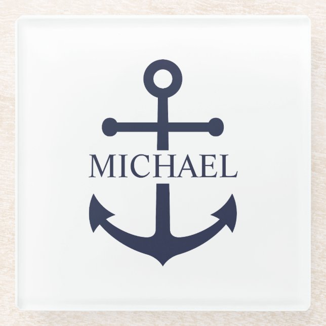 Posavasos De Vidrio Nautical Navy Blue Anchor Nombre Personalizado (Anverso)