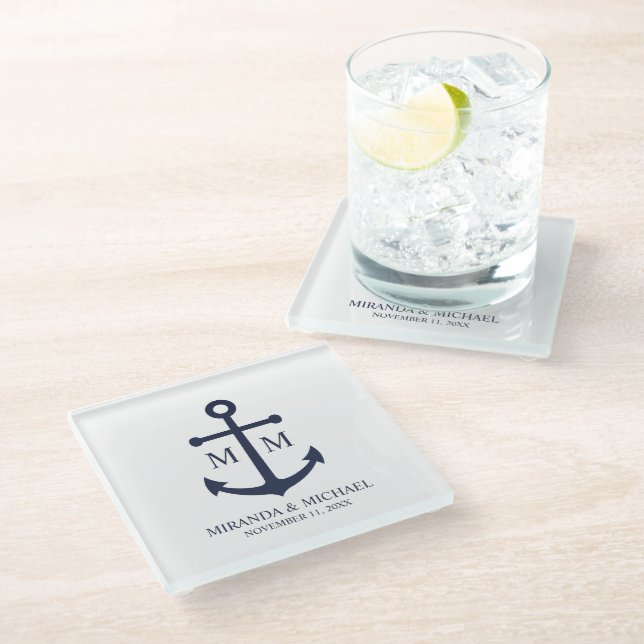 Posavasos De Vidrio Nautical Navy Blue Anchor Wedding (Angular)