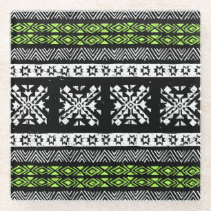 Posavasos De Vidrio Navajo tribal, patrón verde blanco negro.
