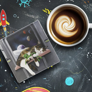 Posavasos De Vidrio Nave Espacial Gato Tabby Verde Alien Muñeco de Pel