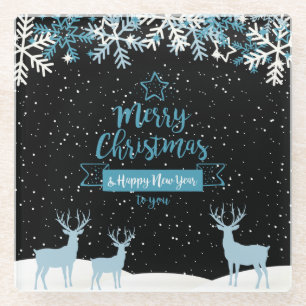 Posavasos de vidrio Navidad Feliz Azul Negro