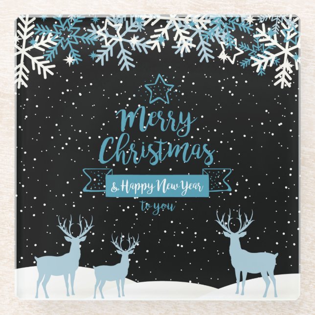 Posavasos de vidrio Navidad Feliz Azul Negro (Anverso)