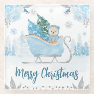 Posavasos De Vidrio Navidades acuarela de color azul azul de invierno 