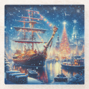 Posavasos De Vidrio Navidades/barco atracado en invierno