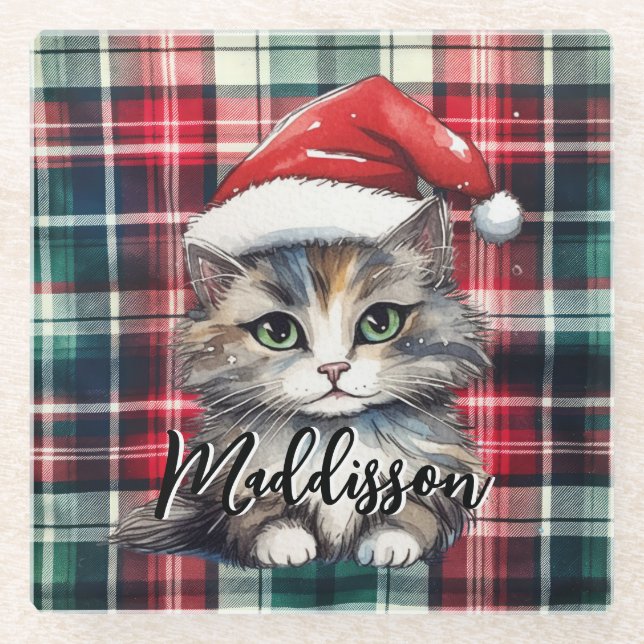 Posavasos De Vidrio Navidades Colocaron Santa Cat Con Nombre (Anverso)